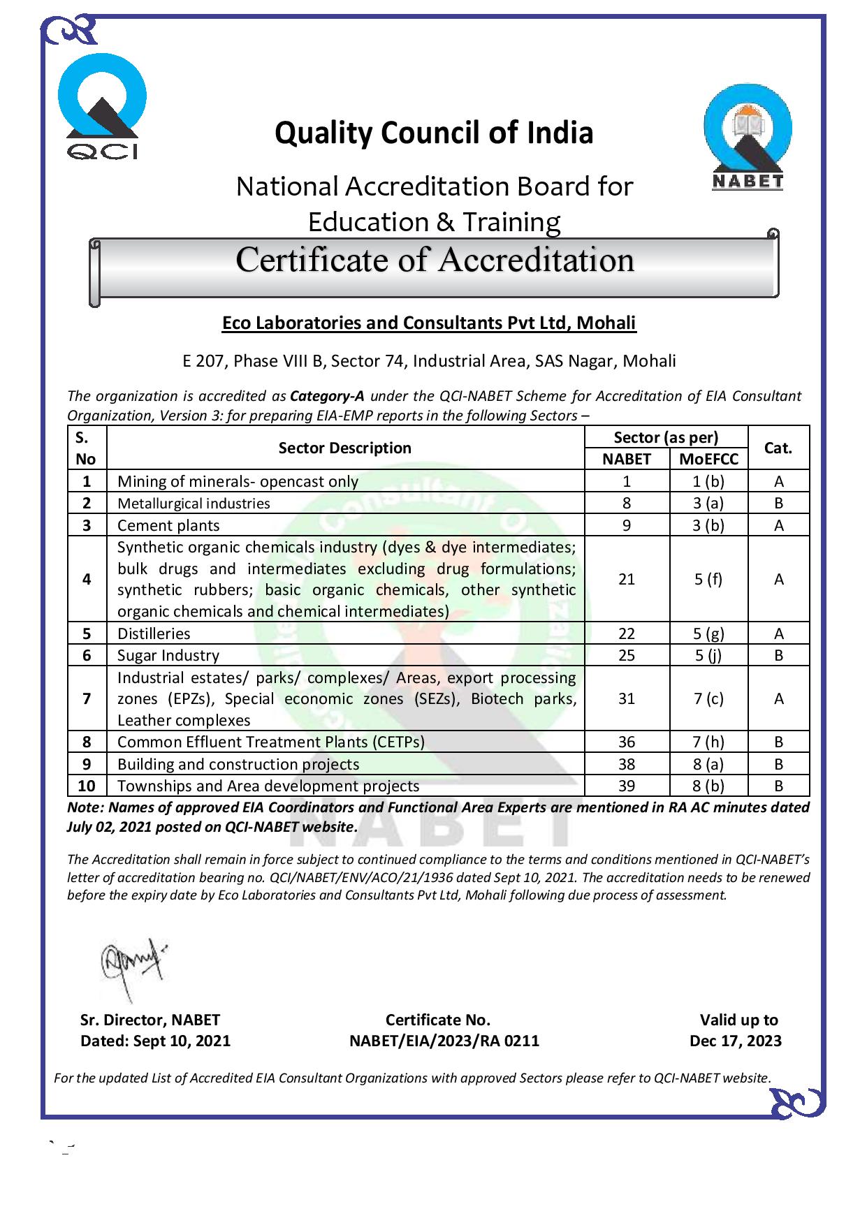 QCI NABET Certification — ECO PARYAVARAN