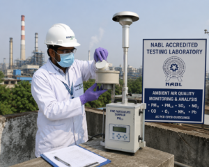 NABL-certified technician collecting ambient air samples for quality analysis